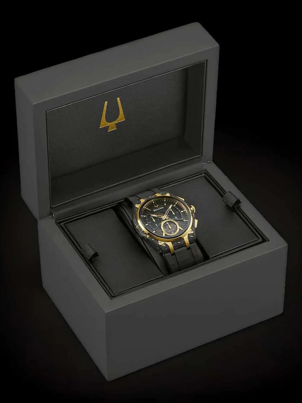 Bulova 98A328 Mens Watch Curv Carbon & Gold Chronograph 44mm 3ATM
