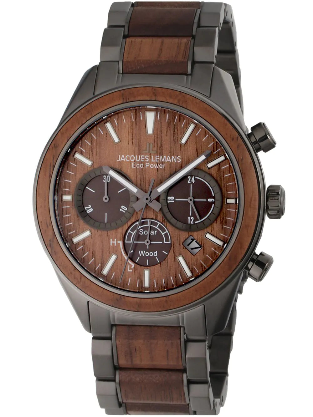 Jacques Lemans 1-2115K Eco Power Wood Mens Watch Chronograph 44mm 10ATM