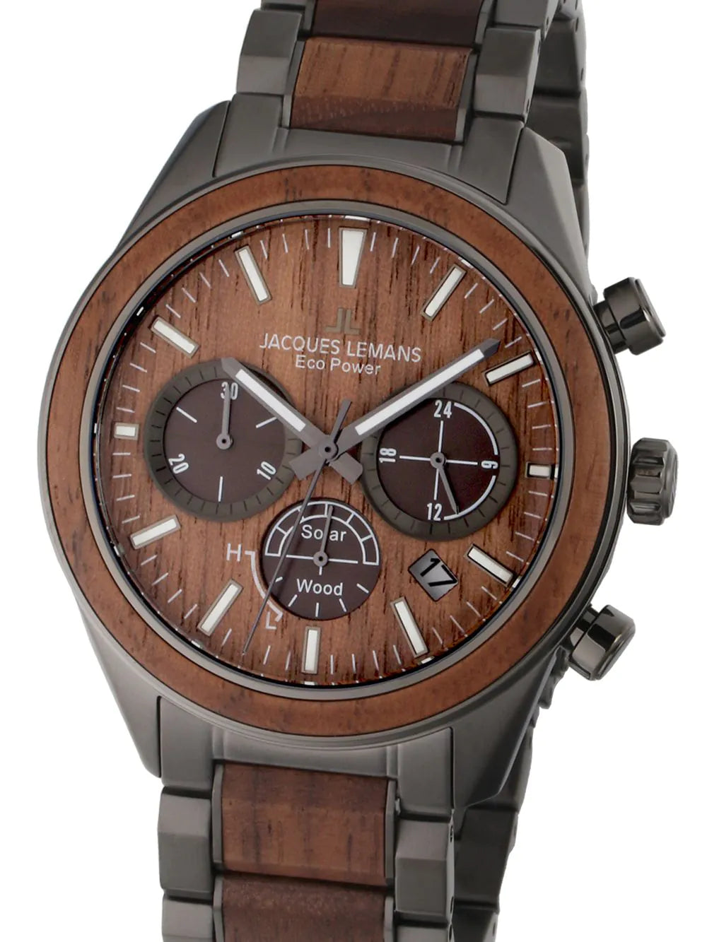 Jacques Lemans 1-2115K Eco Power Wood Mens Watch Chronograph 44mm 10ATM