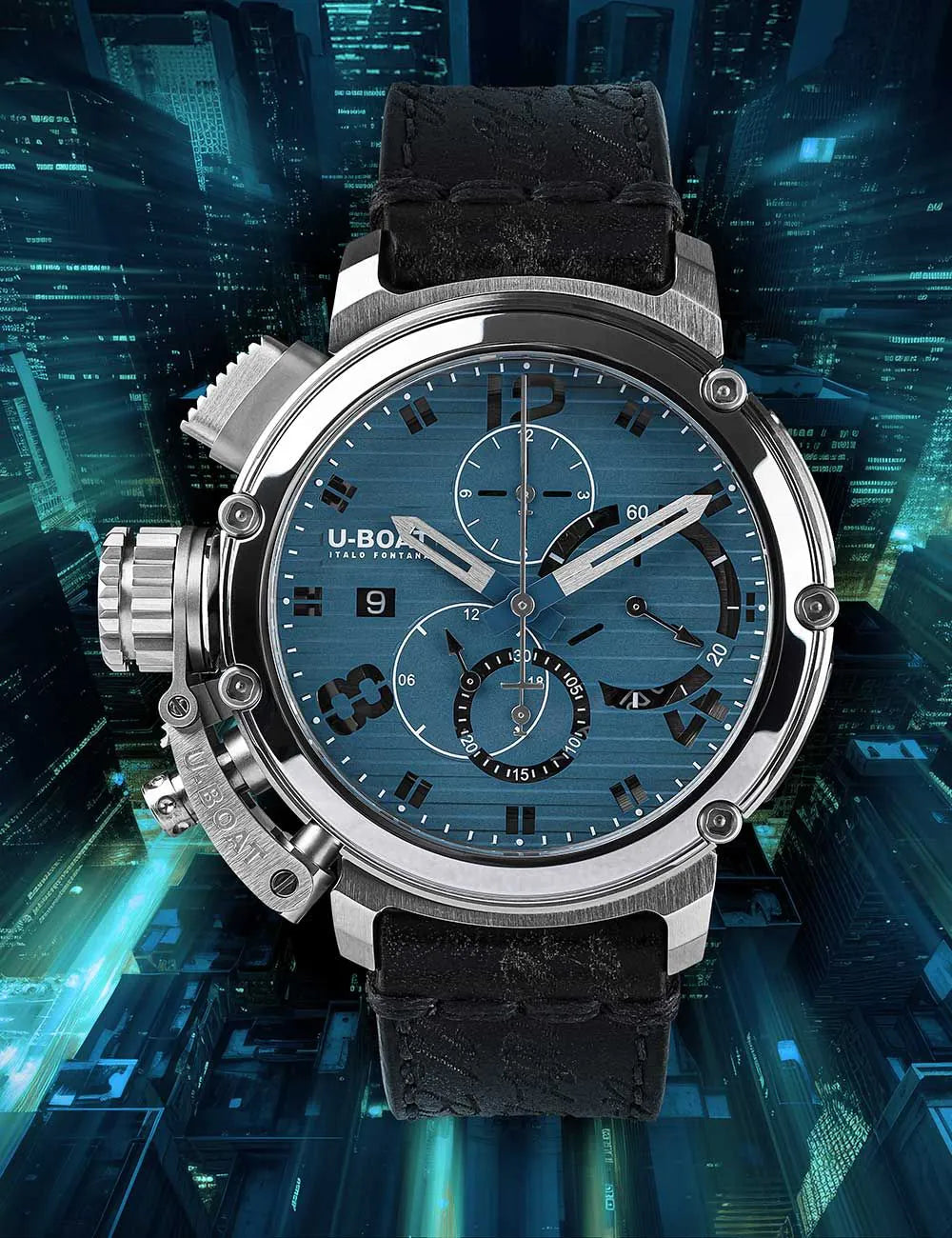 U-Boat 9589 Mens Watch Chimera 46mm Chrono SS Blue Automatic 10ATM