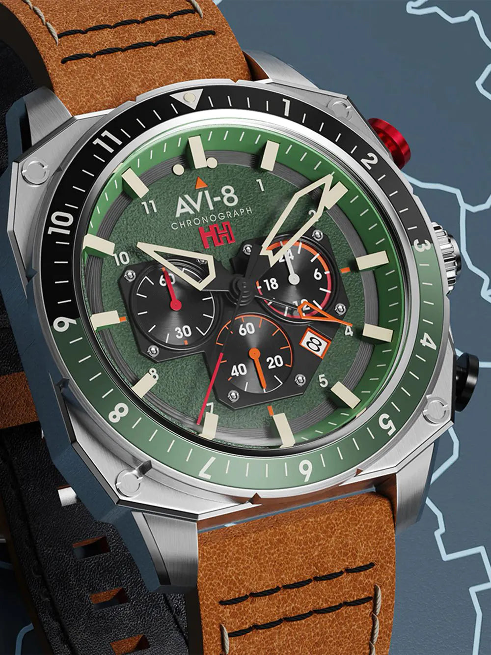AVI-8 AV-4100-01 Mens Watch Hawker Hunter Dual Time Chronograph 43mm 5ATM