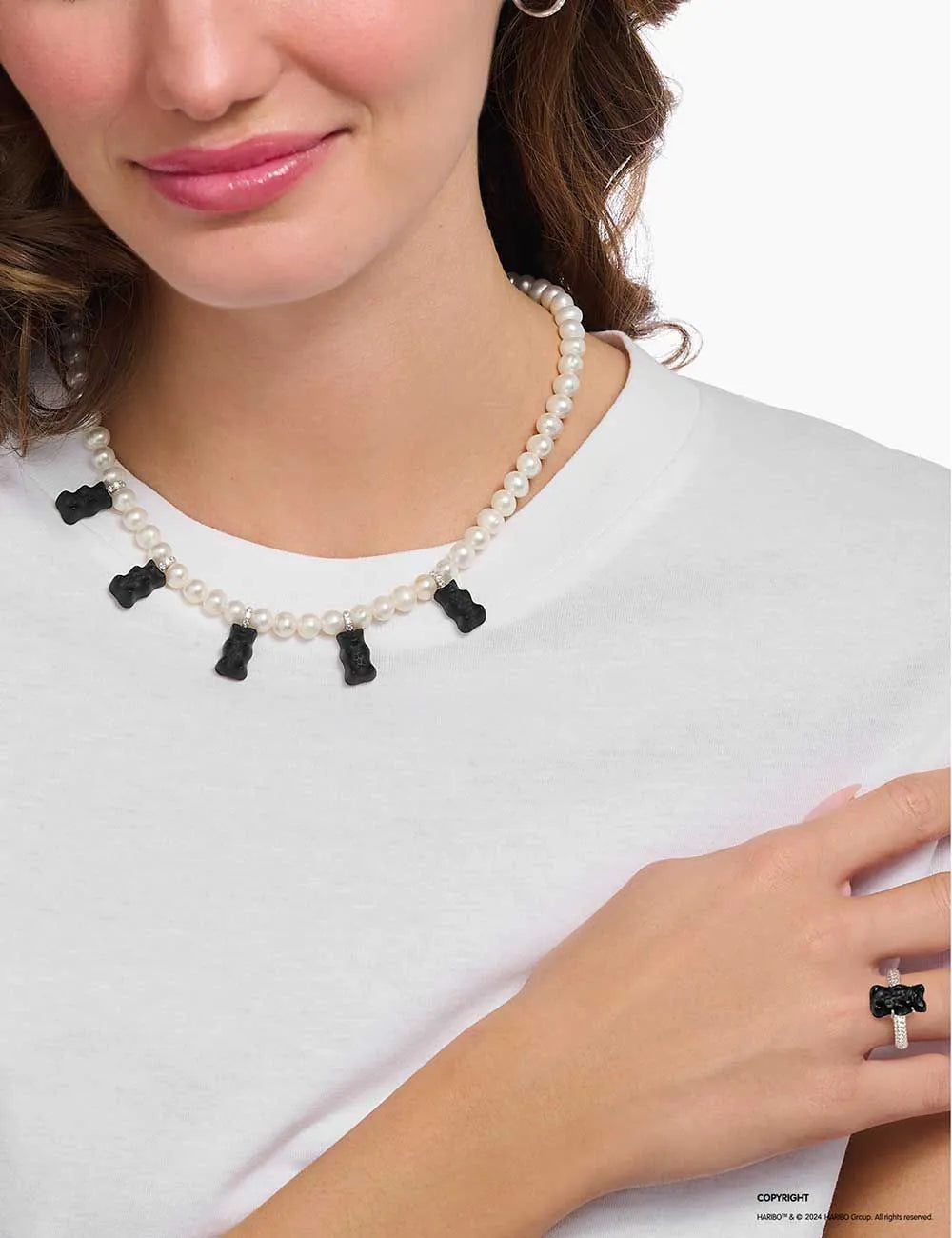 Thomas Sabo KE2208-052-11-L50V Silver Pearl necklace With 5 Black Gold Bears Ladies