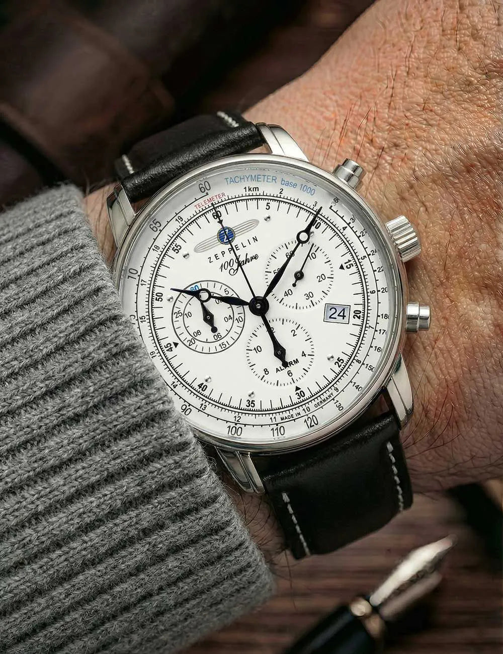 Zeppelin 8680-3 Alarm Chronograph 100 Years Mens Watch 43mm 5ATM