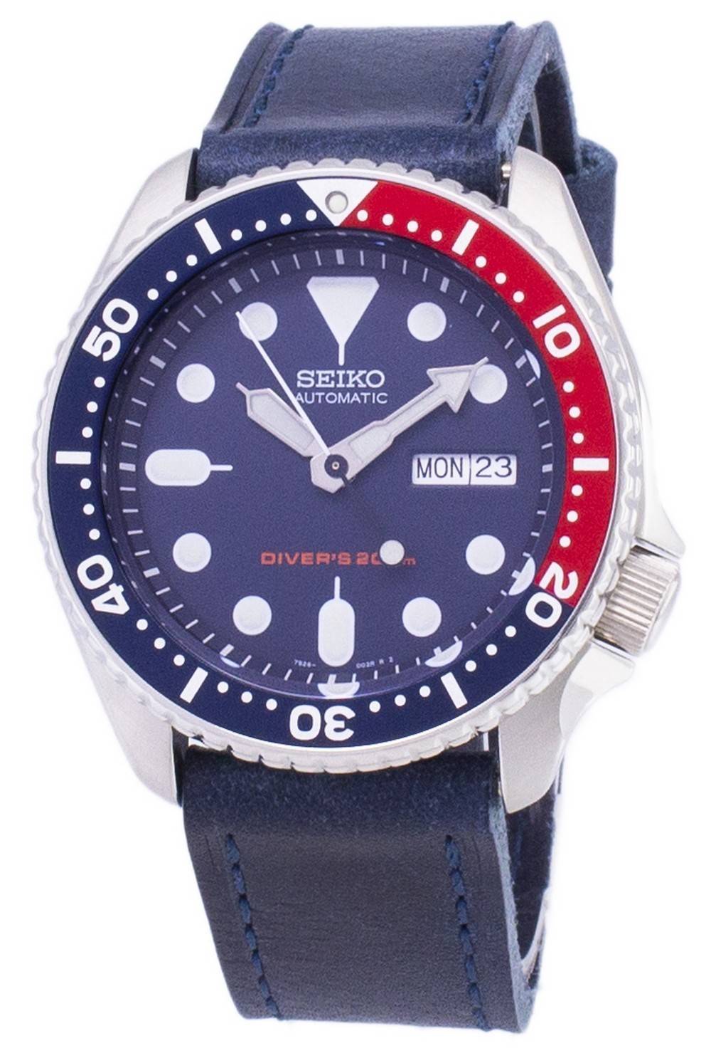 Seiko Automatic SKX009K1-var-LS13 Diver's 200M Dark Blue Leather Strap Men's Watch